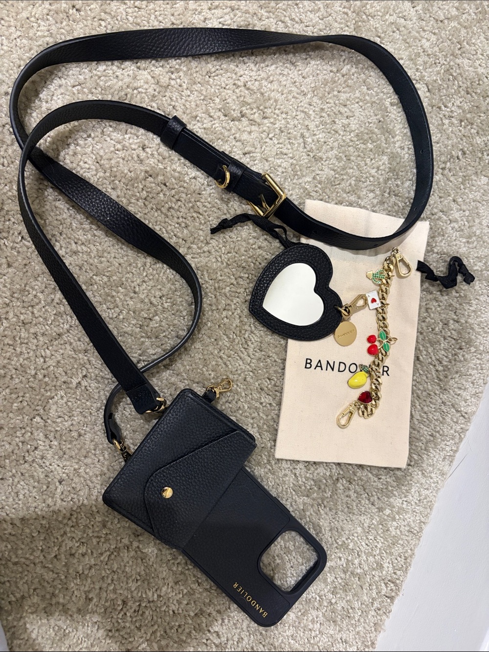 Bandolier Black Leather Crossbody Phone Case with Charm and Wallet